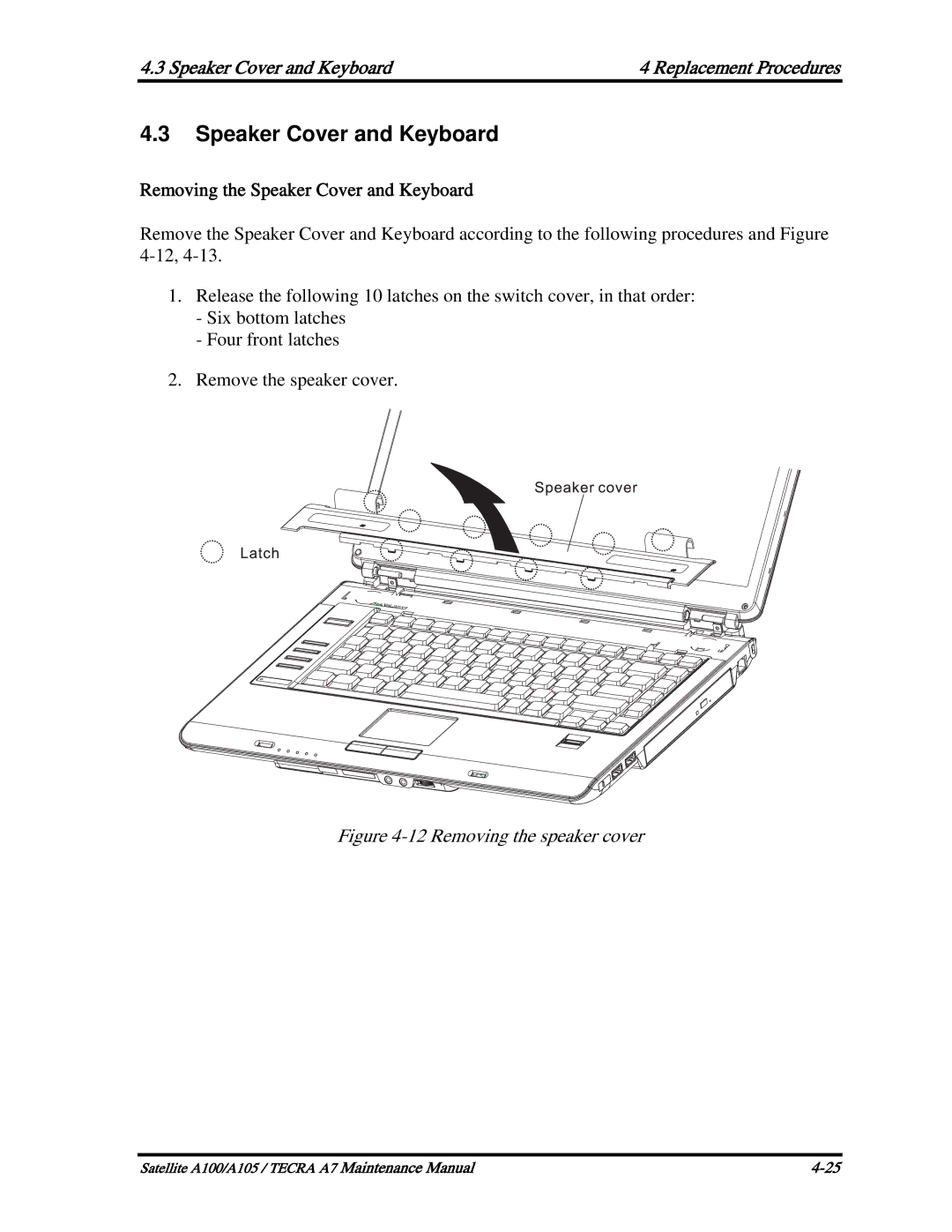 Toshiba PTA71, PTA70, PSAA9 manual Removing the Speaker Cover and Keyboard 