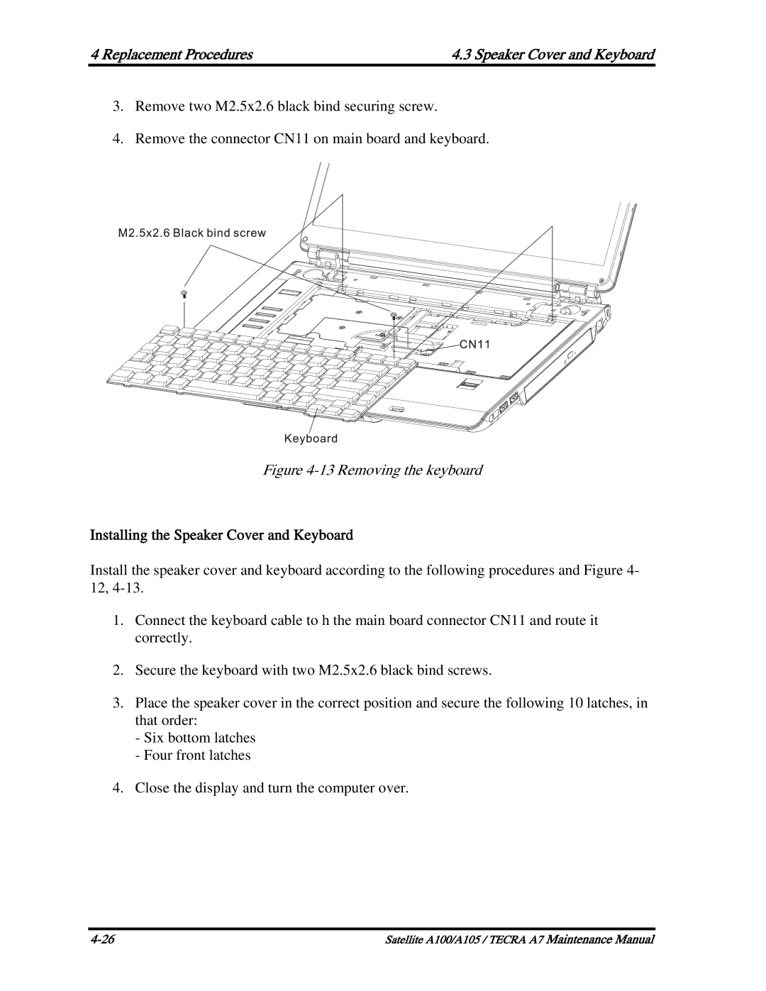 Toshiba PTA70, PTA71, PSAA9 Replacement Procedures Speaker Cover and Keyboard, Installing the Speaker Cover and Keyboard 