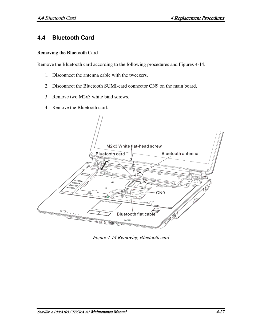 Toshiba PSAA9, PTA71, PTA70 manual Removing the Bluetooth Card 