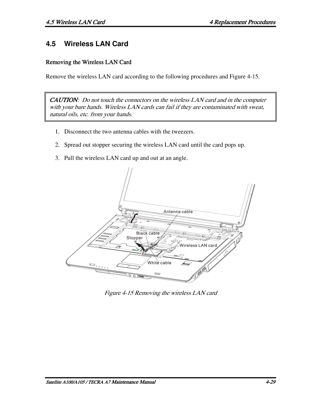 Toshiba PTA70, PTA71, PSAA9 manual Removing the Wireless LAN Card 