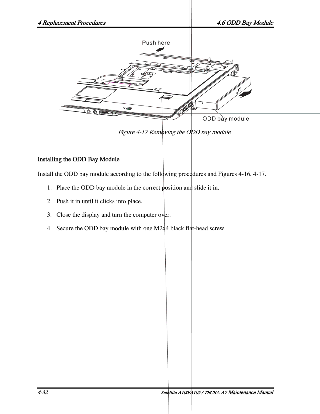 Toshiba PTA70, PTA71, PSAA9 manual Replacement Procedures ODD Bay Module, Installing the ODD Bay Module 