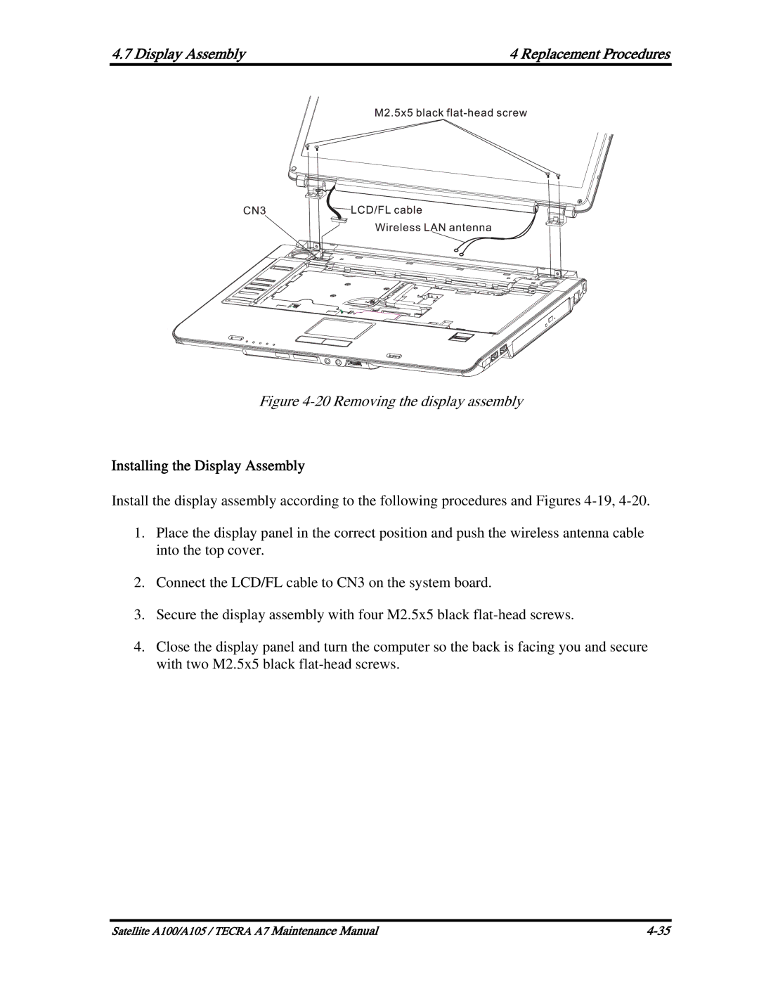 Toshiba PTA70, PTA71, PSAA9 manual Removing the display assembly, Installing the Display Assembly 