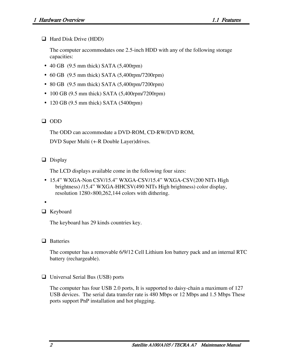 Toshiba PTA70, PTA71, PSAA9 manual Hardware Overview Features, ‰ Odd 