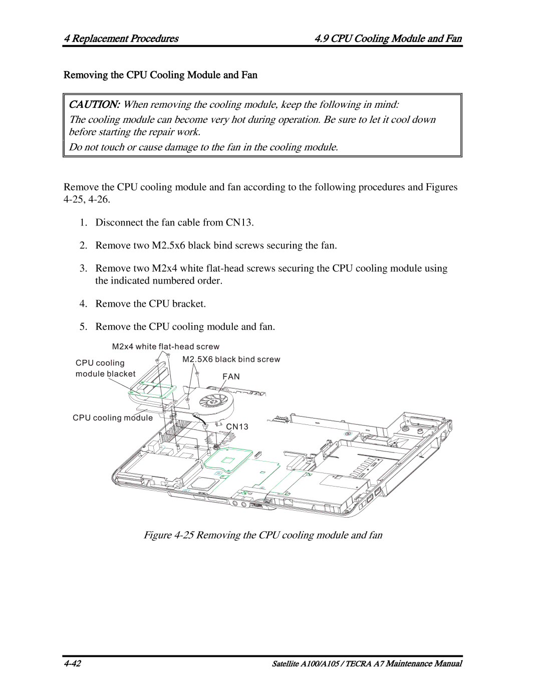 Toshiba PSAA9, PTA71, PTA70 manual Removing the CPU Cooling Module and Fan, Removing the CPU cooling module and fan 