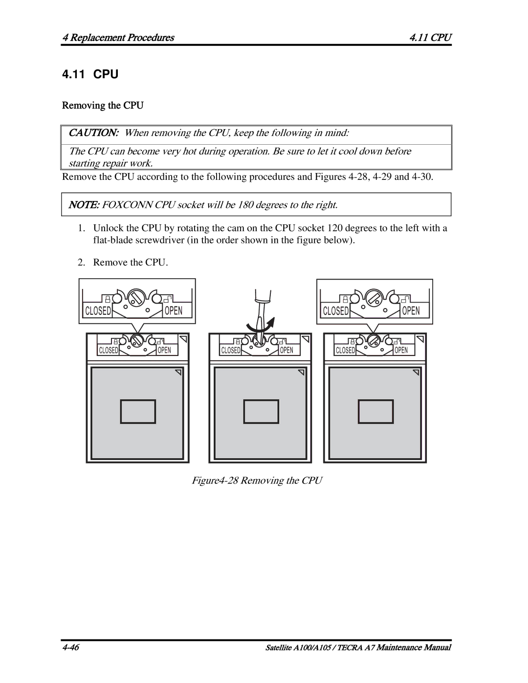 Toshiba PTA71, PTA70, PSAA9 manual Replacement Procedures 11 CPU, Removing the CPU 