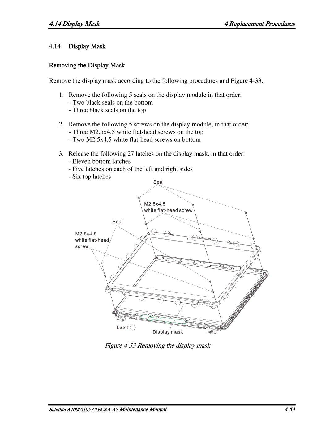 Toshiba PTA70, PTA71, PSAA9 manual Display Mask Removing the Display Mask 