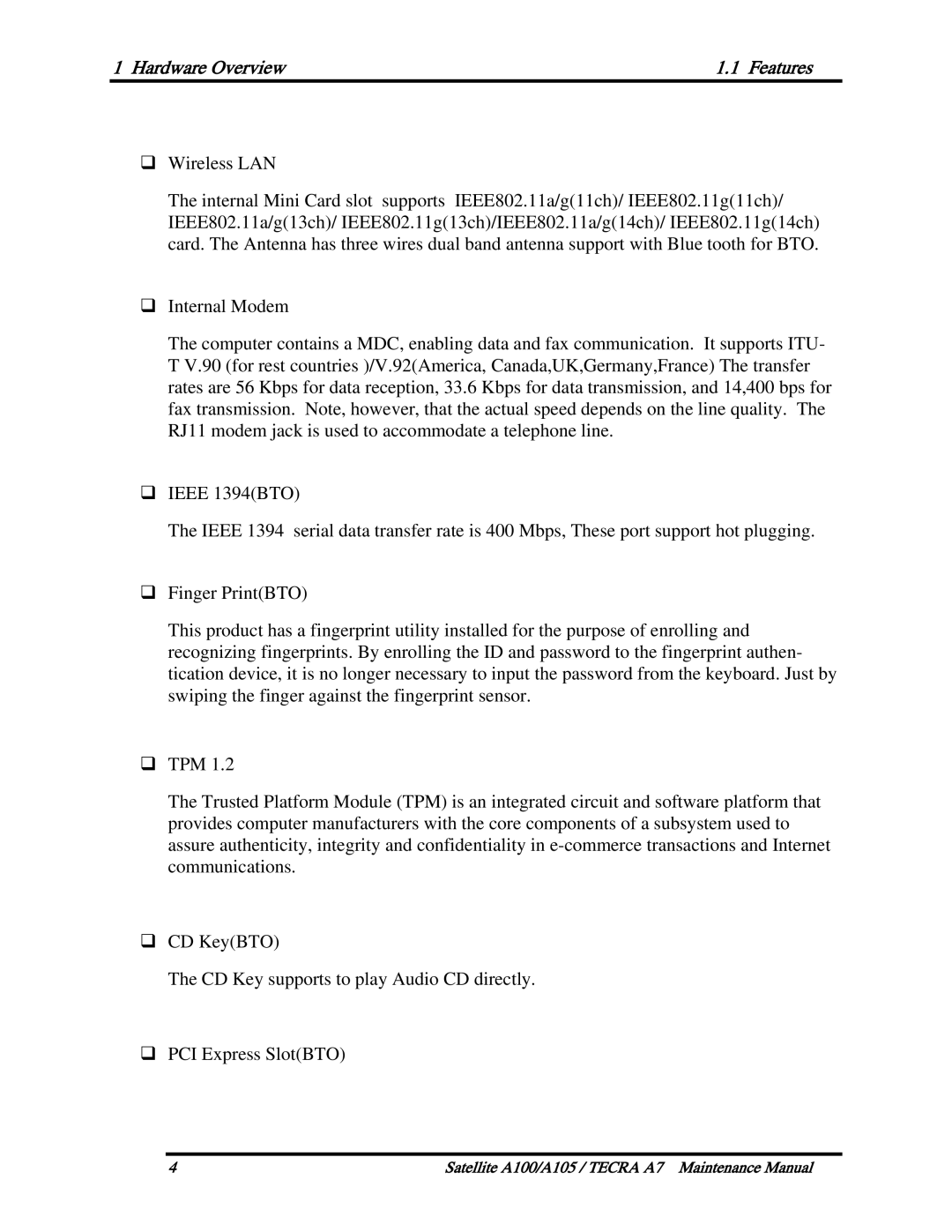 Toshiba PTA71, PTA70, PSAA9 manual Hardware Overview Features 