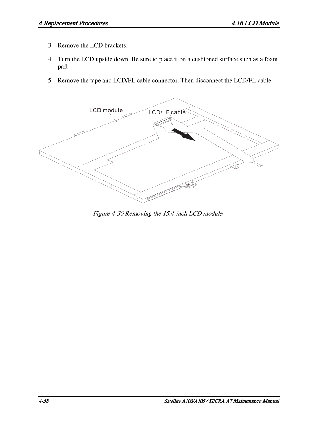 Toshiba PTA71, PTA70, PSAA9 manual Replacement Procedures LCD Module, Removing the 15.4-inch LCD module 