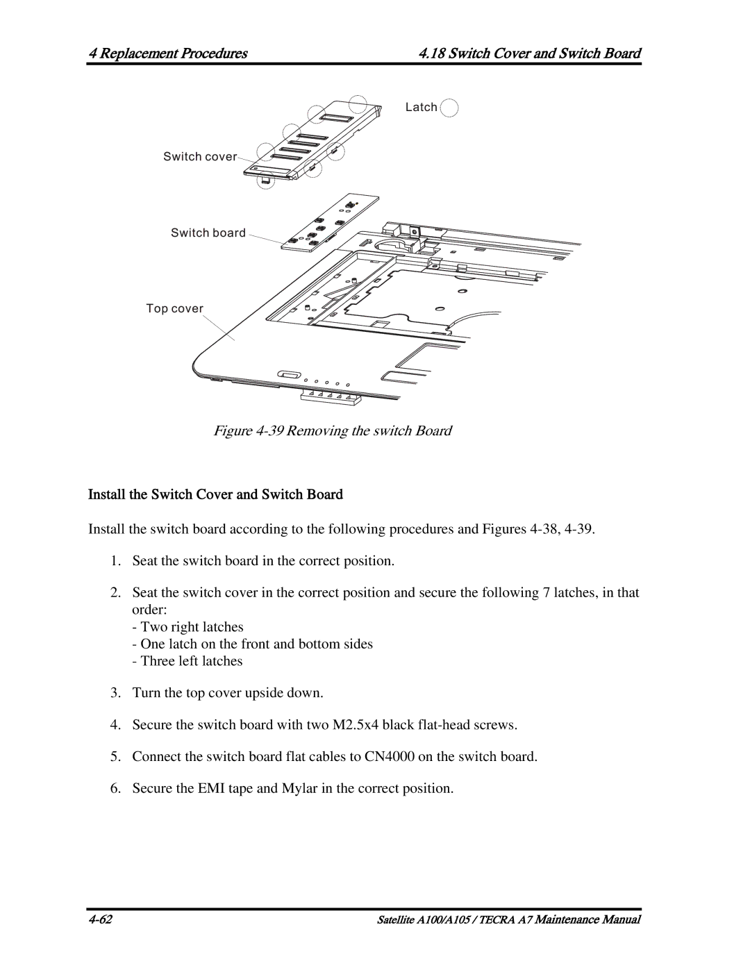 Toshiba PTA70, PTA71, PSAA9 manual Removing the switch Board, Install the Switch Cover and Switch Board 