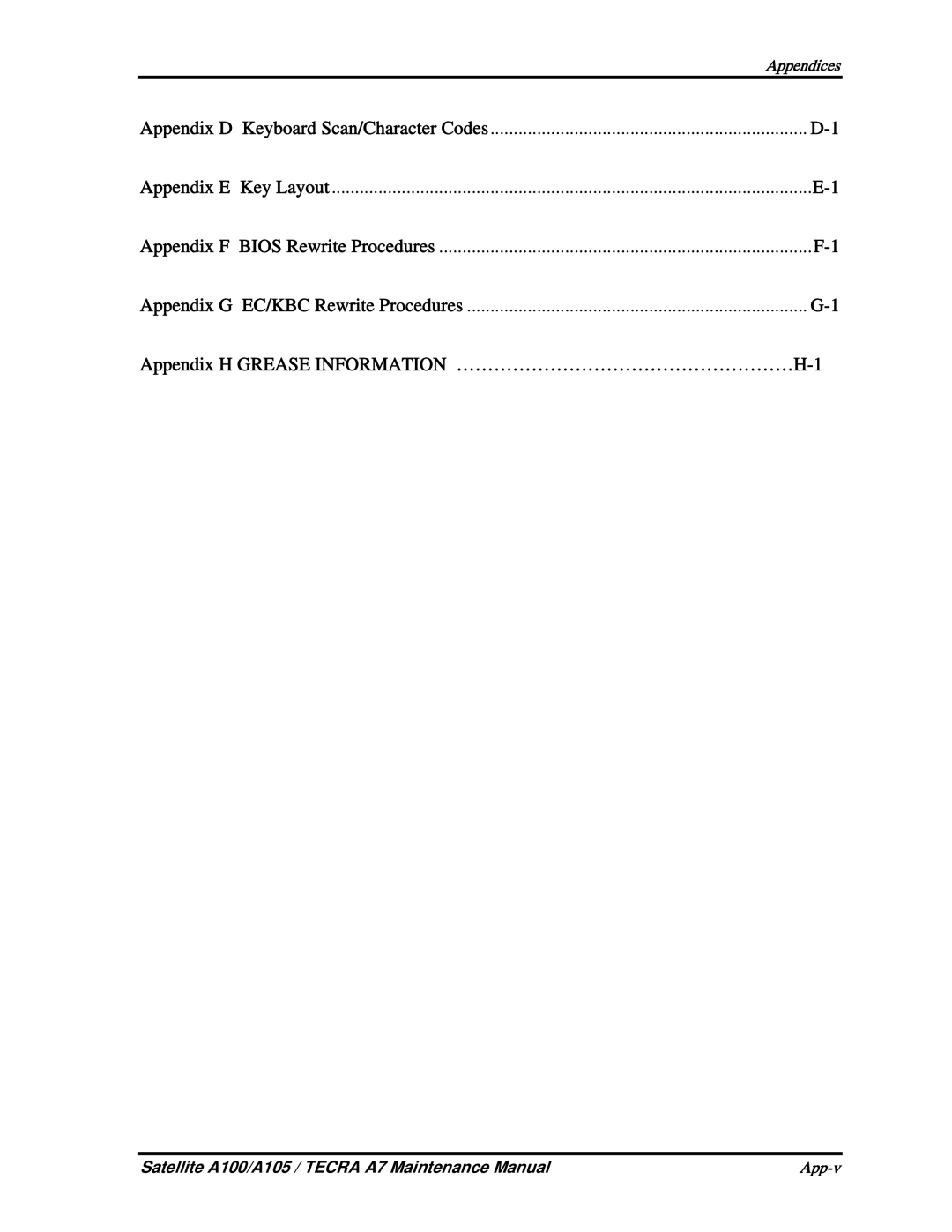 Toshiba PTA71, PTA70, PSAA9 Appendix H Grease Information ………………………………………………H-1, Appendix D Keyboard Scan/Character Codes 