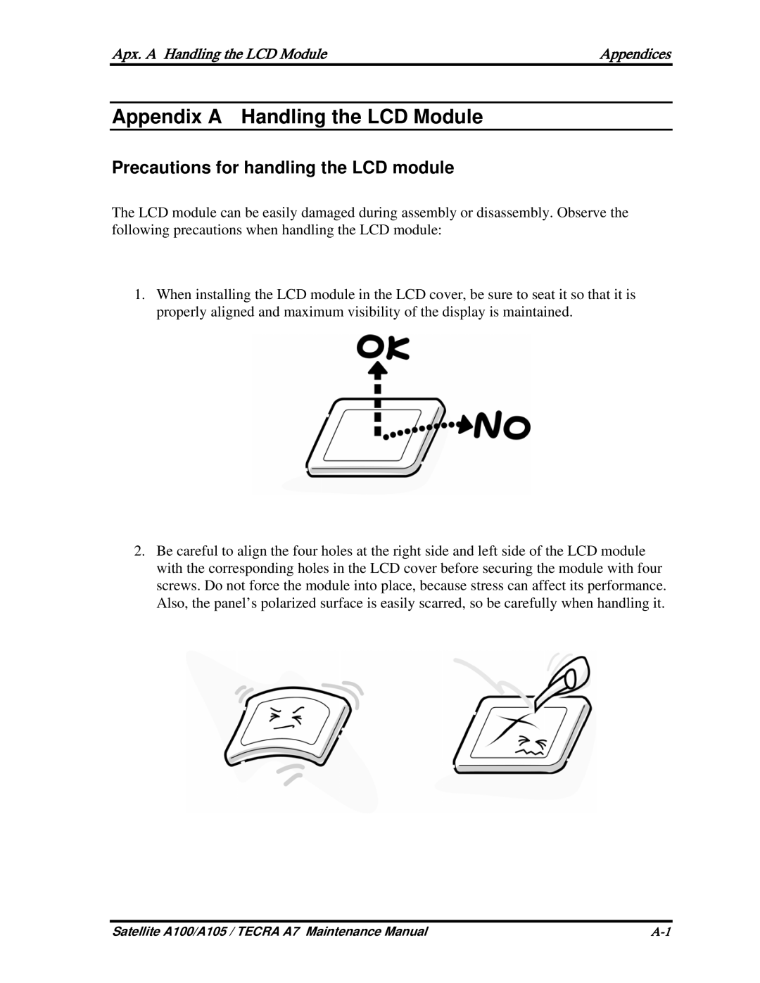 Toshiba PTA70, PTA71, PSAA9 manual Precautions for handling the LCD module, Apx. a Handling the LCD Module Appendices 