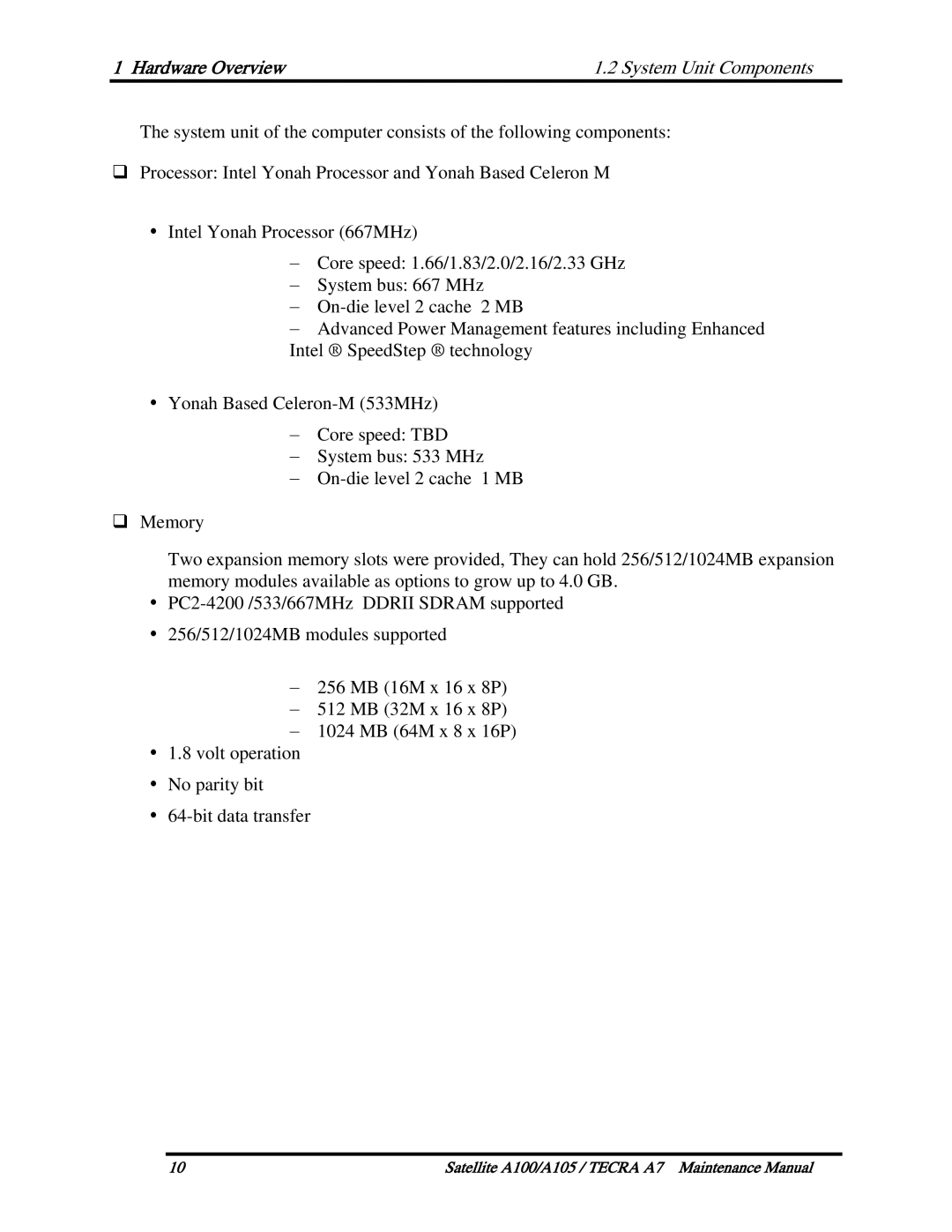 Toshiba PTA71, PTA70, PSAA9 manual Hardware Overview System Unit Components 