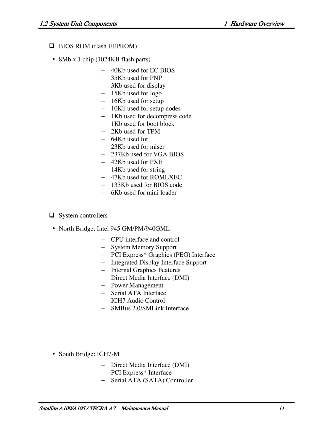 Toshiba PTA70, PTA71, PSAA9 manual System Unit Components Hardware Overview 