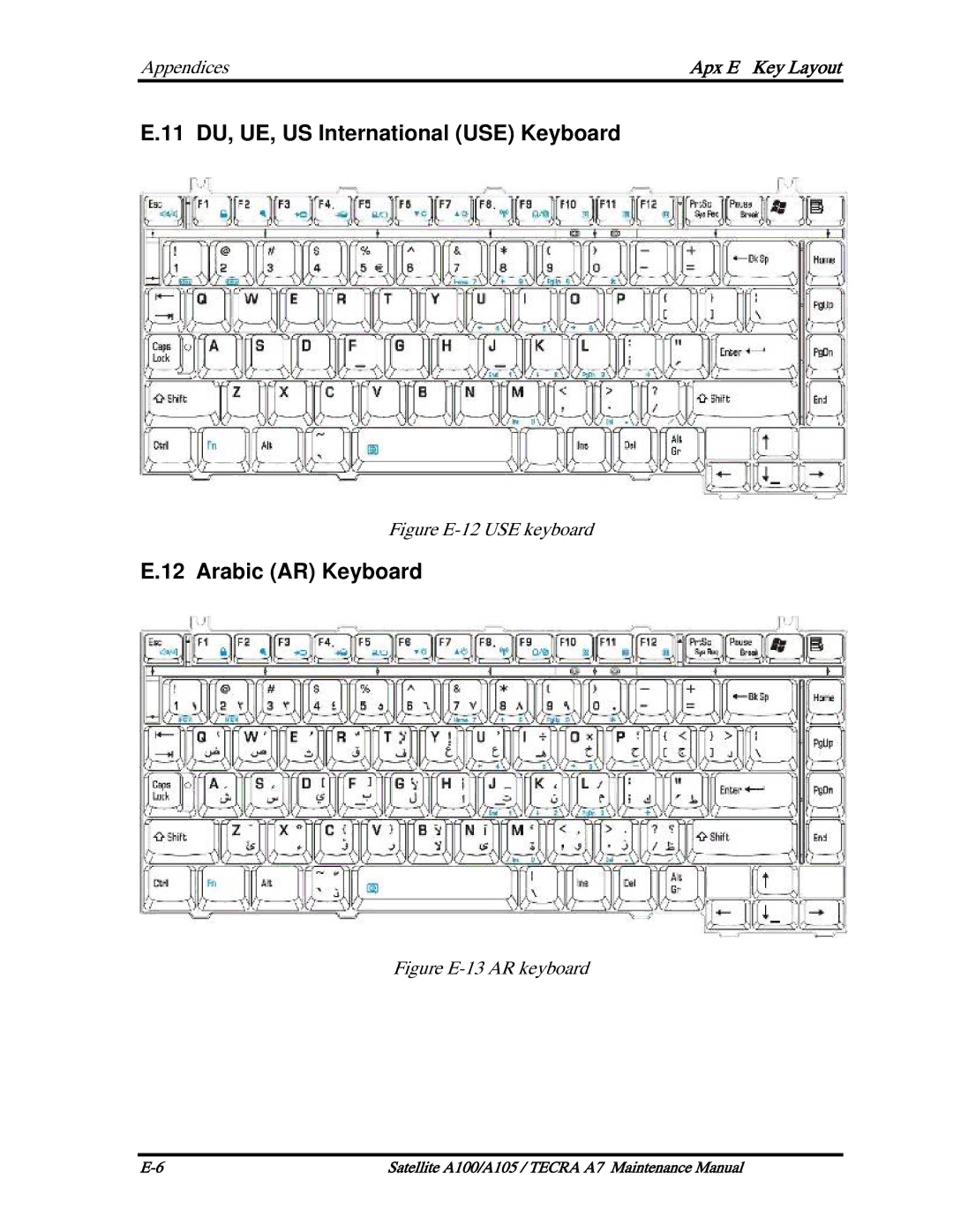 Toshiba PSAA9, PTA71, PTA70 manual 11 DU, UE, US International USE Keyboard, Arabic AR Keyboard 