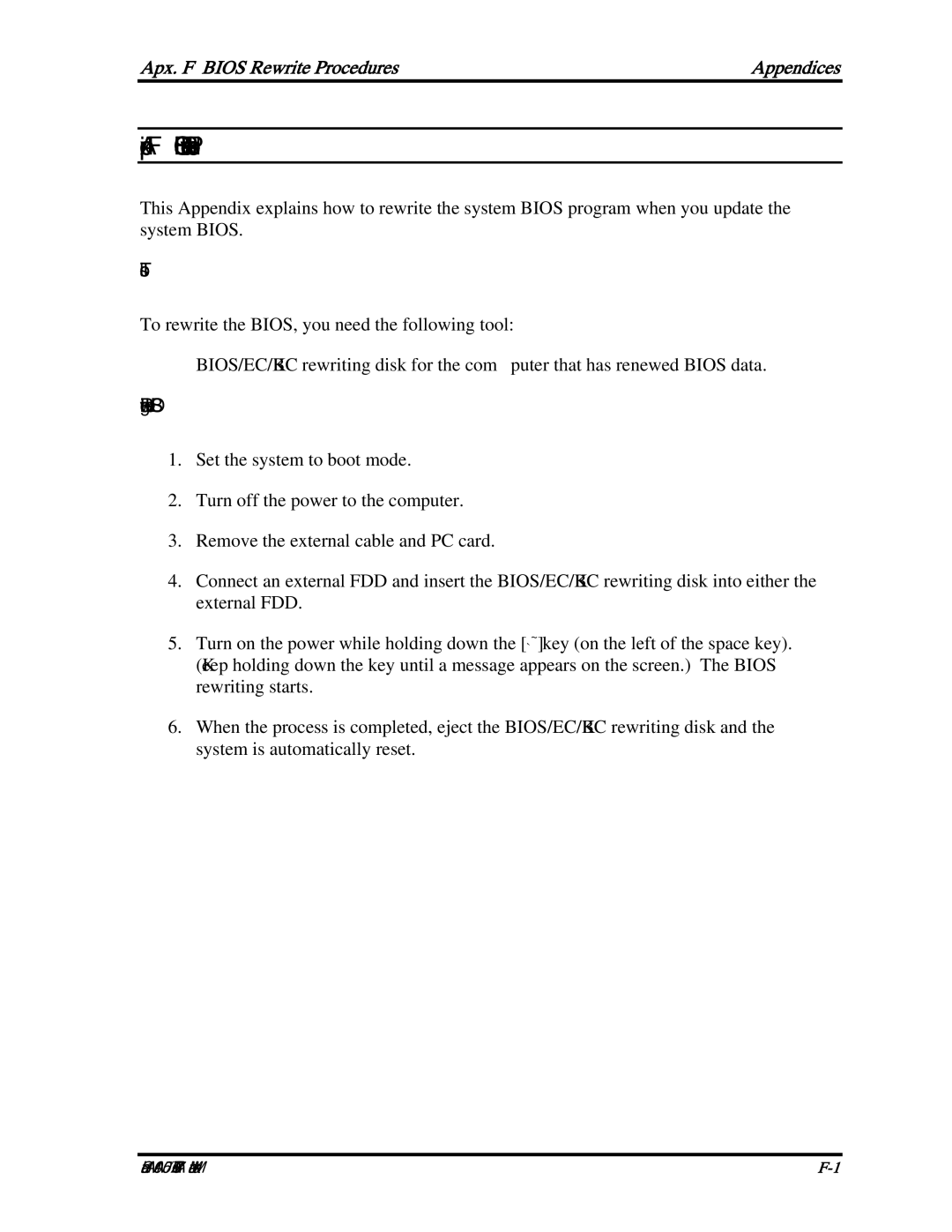 Toshiba PSAA9, PTA71, PTA70 manual Apx. F Bios Rewrite Procedures Appendices, Tools, Rewriting the Bios 