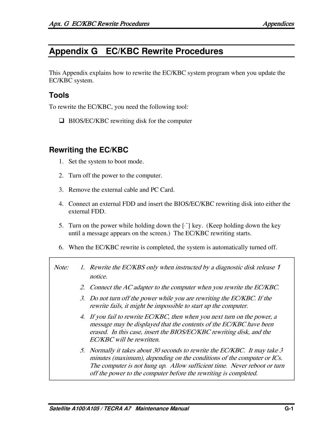 Toshiba PTA71, PTA70, PSAA9 manual Tools, Rewriting the EC/KBC, Apx. G EC/KBC Rewrite Procedures Appendices 