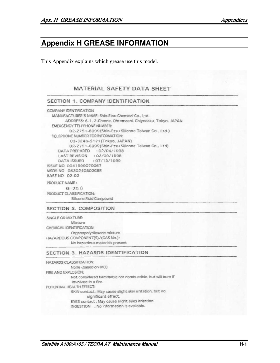 Toshiba PTA70, PTA71, PSAA9 manual Appendix H Grease Information, Apx. H Grease Information Appendices 