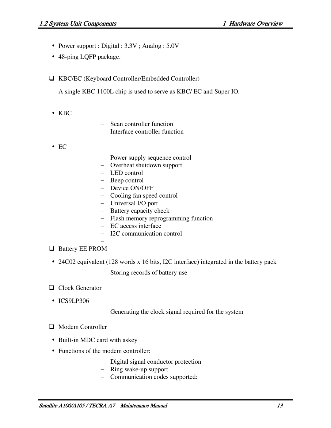 Toshiba PTA71, PTA70, PSAA9 manual System Unit Components Hardware Overview 