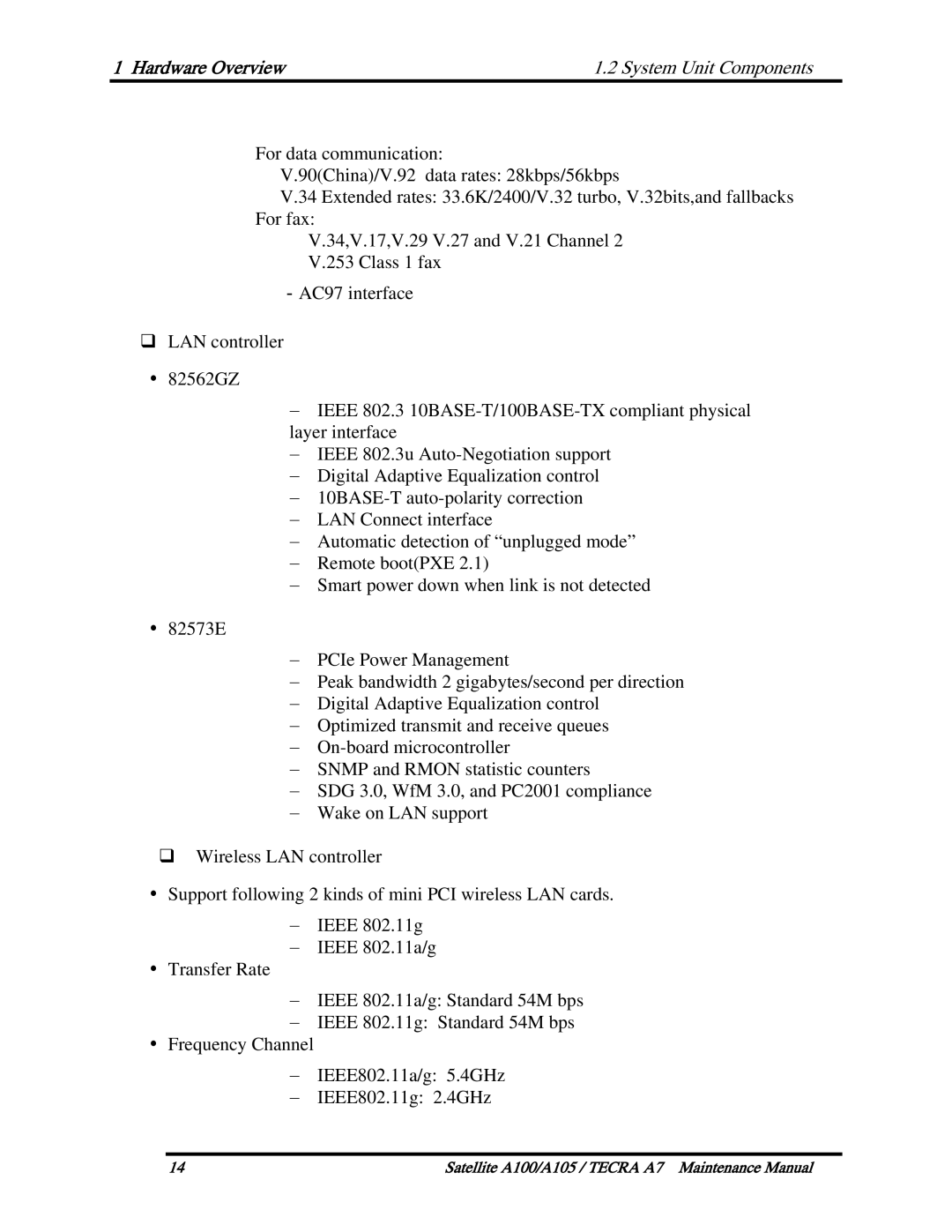 Toshiba PTA70, PTA71, PSAA9 manual Hardware Overview System Unit Components 