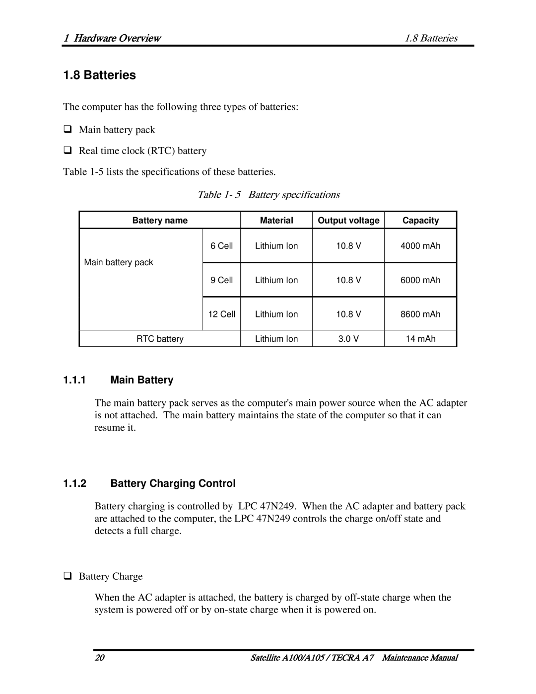 Toshiba PTA70, PTA71, PSAA9 manual Hardware Overview Batteries, Main Battery, Battery Charging Control 