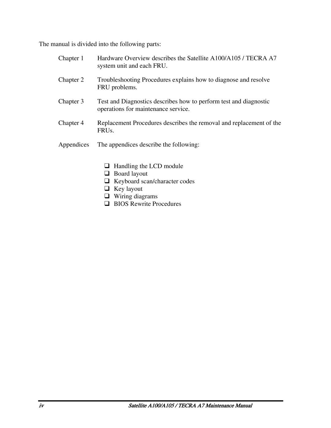 Toshiba PTA70, PTA71, PSAA9 manual Satellite A100/A105 / Tecra A7 Maintenance Manual 