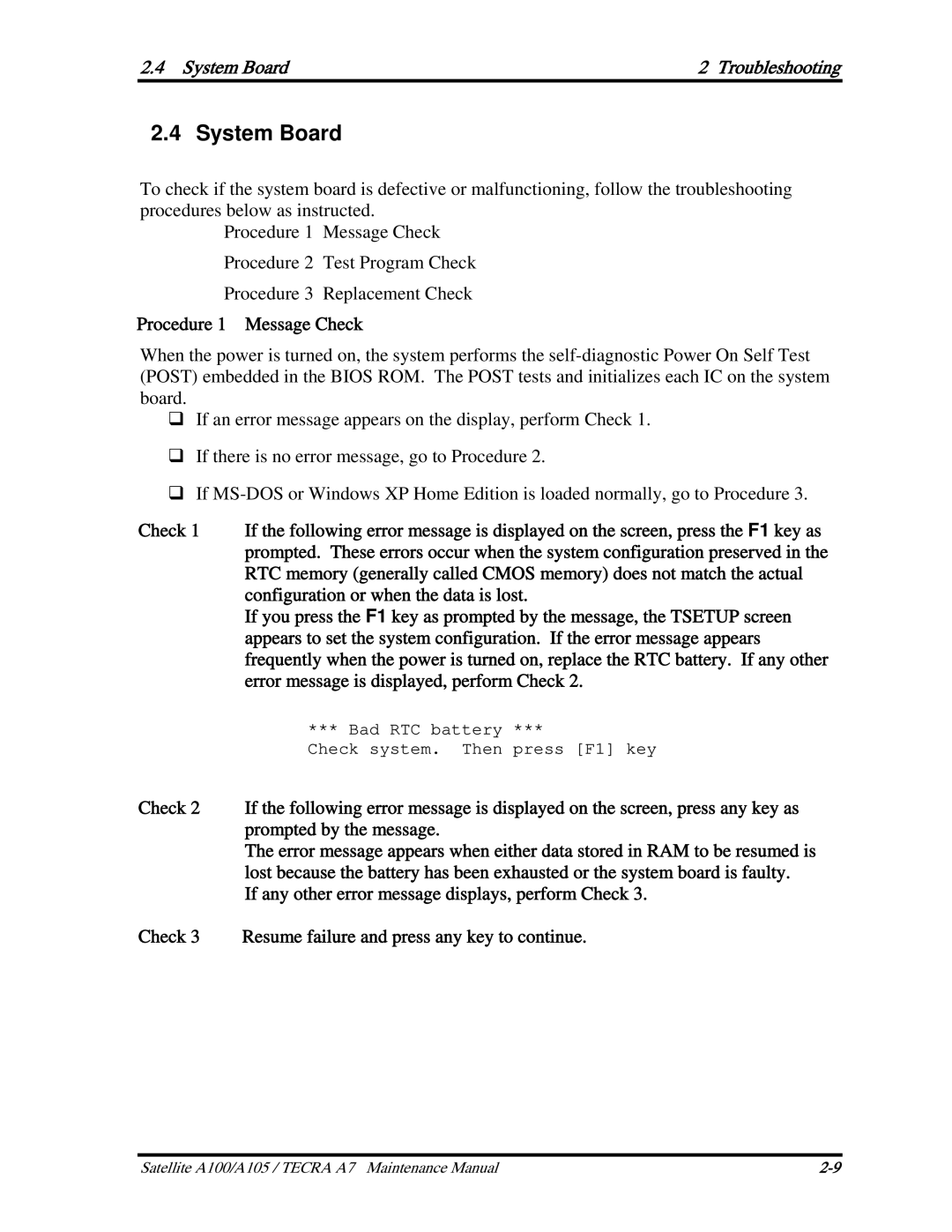 Toshiba PTA71, PTA70, PSAA9 manual System Board Troubleshooting, Procedure 1 Message Check 