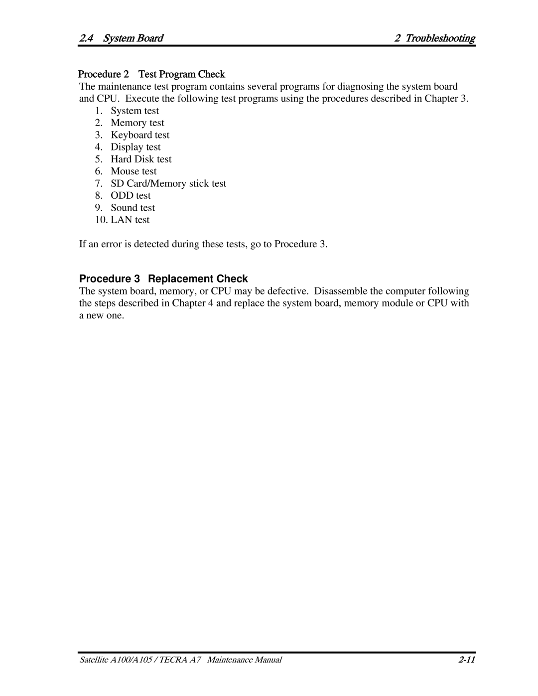 Toshiba PSAA9, PTA71, PTA70 manual Procedure 2 Test Program Check, Procedure 3 Replacement Check 