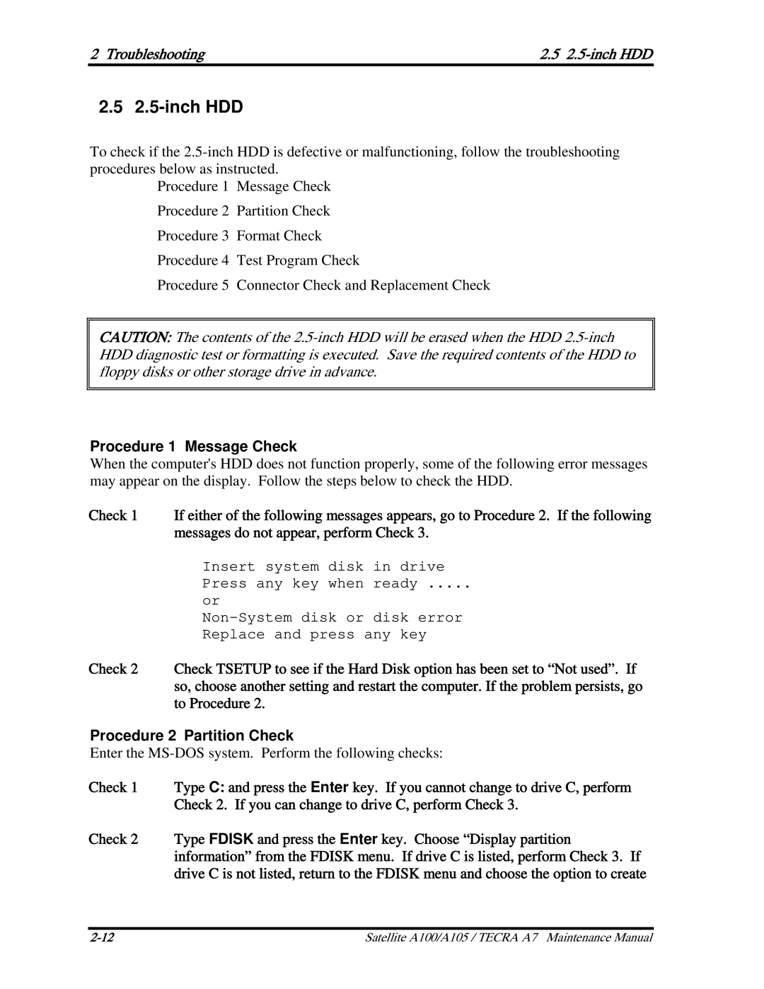 Toshiba PTA71, PTA70, PSAA9 manual Troubleshooting 2.5-inch HDD, Procedure 1 Message Check, Procedure 2 Partition Check 