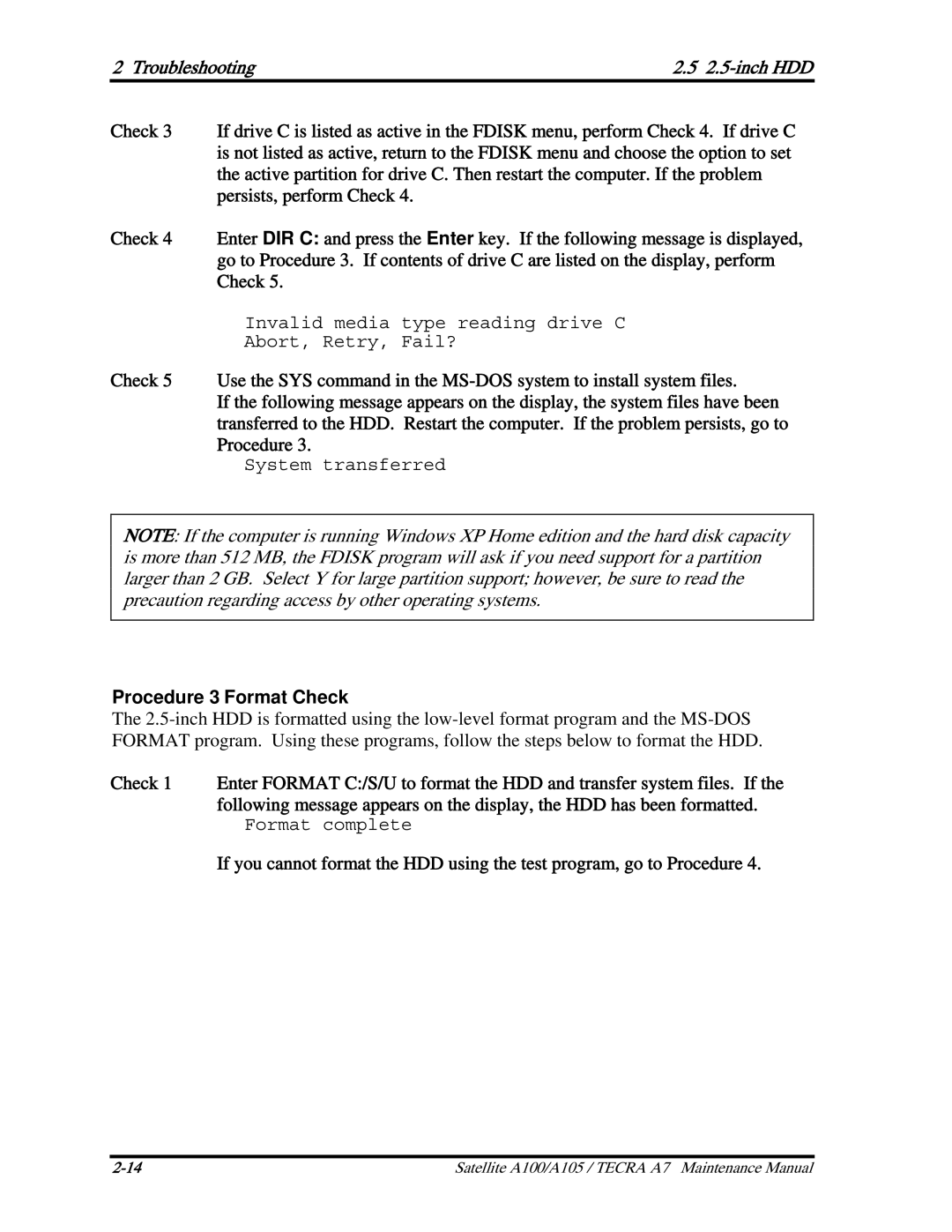 Toshiba PSAA9, PTA71, PTA70 manual Procedure 3 Format Check 