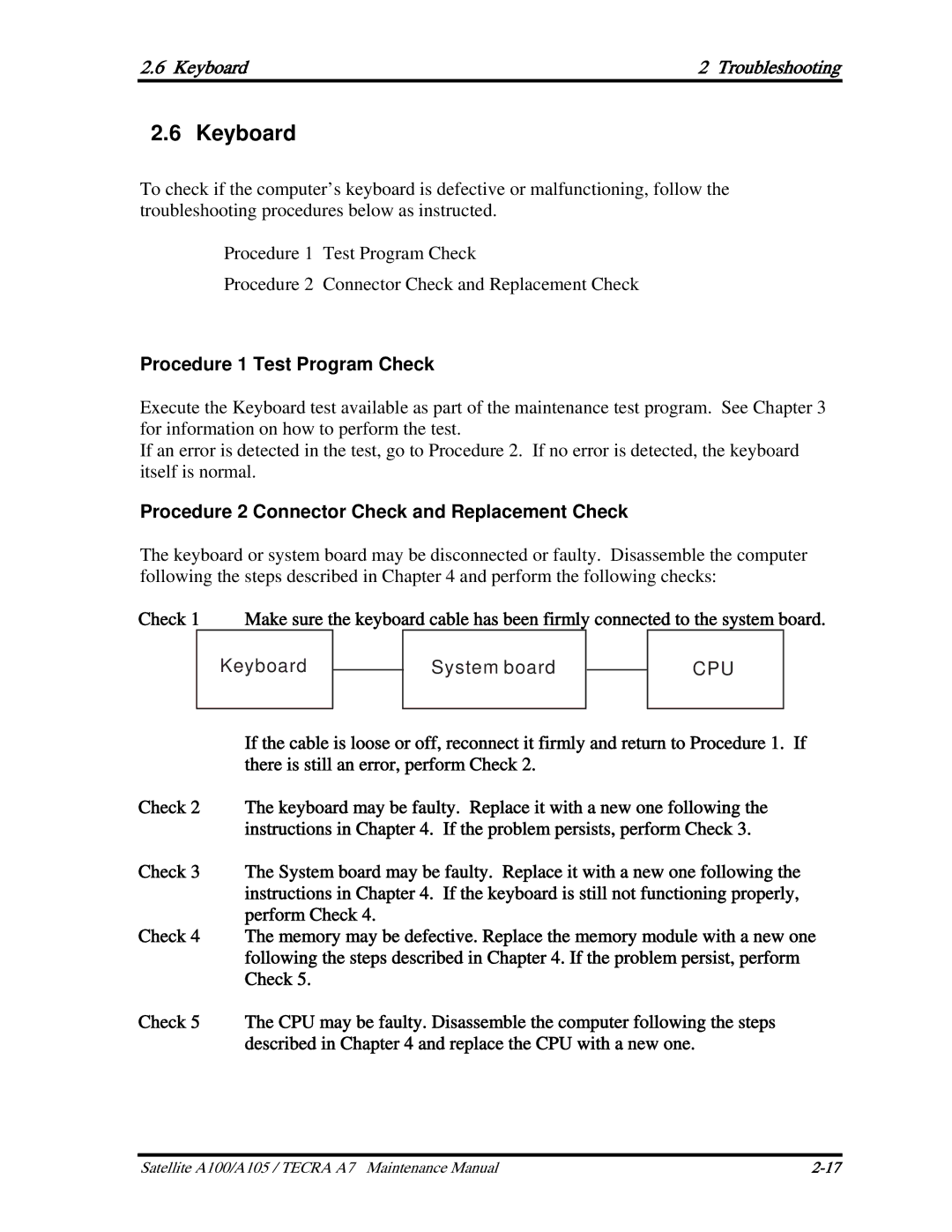 Toshiba PSAA9, PTA71, PTA70 manual Keyboard Troubleshooting, Procedure 1 Test Program Check 