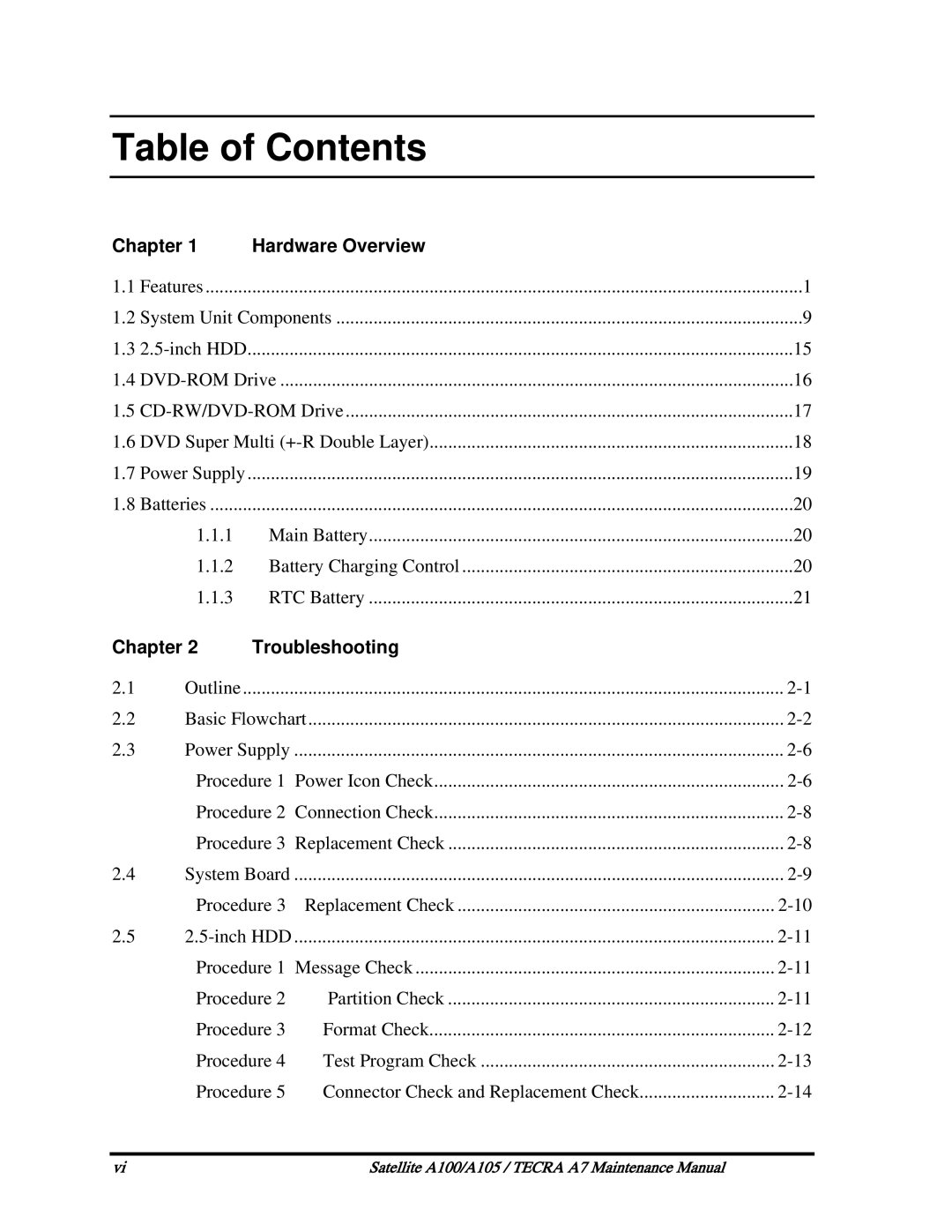 Toshiba PTA71, PTA70, PSAA9 manual Table of Contents 