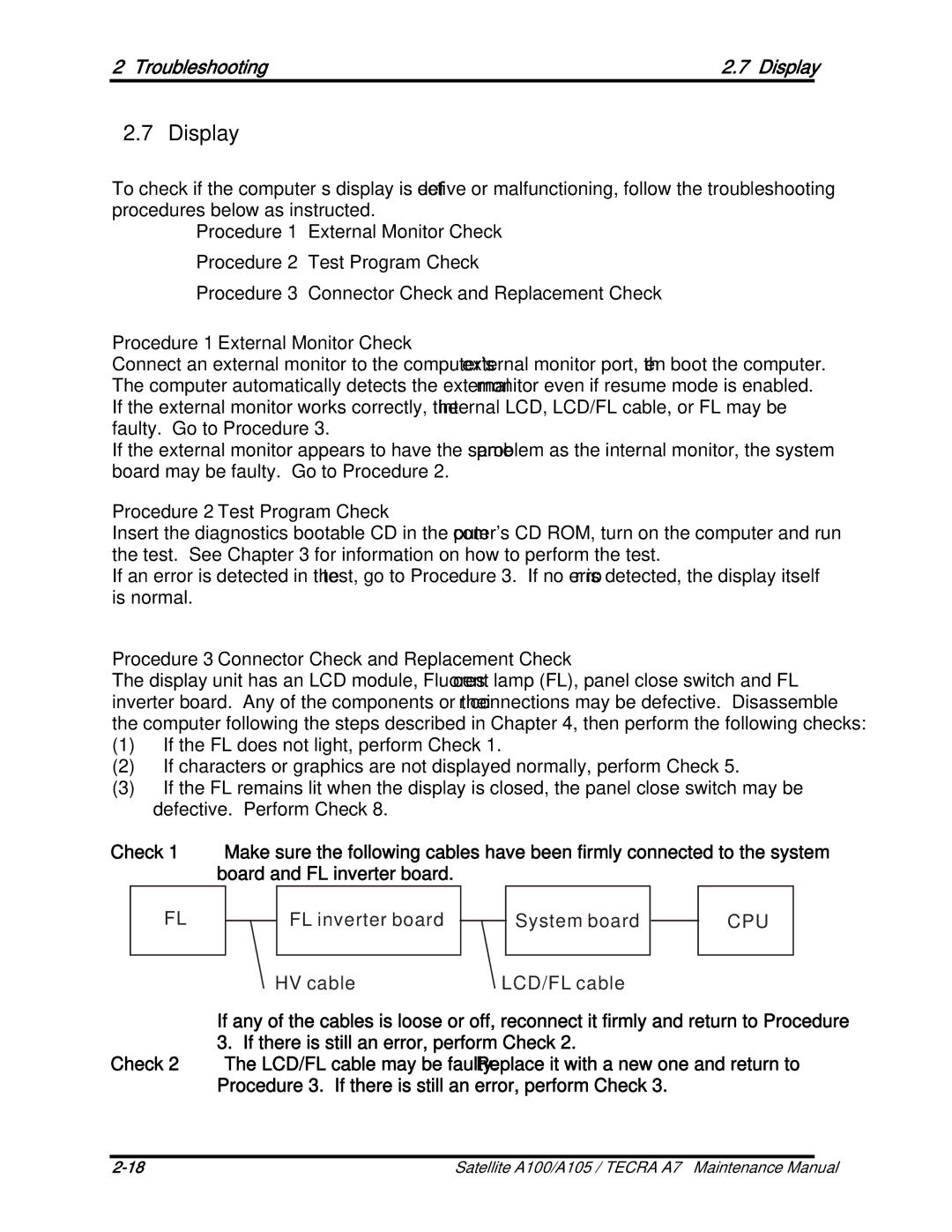 Toshiba PTA71, PTA70, PSAA9 Troubleshooting Display, Procedure 1 External Monitor Check, Procedure 2 Test Program Check 