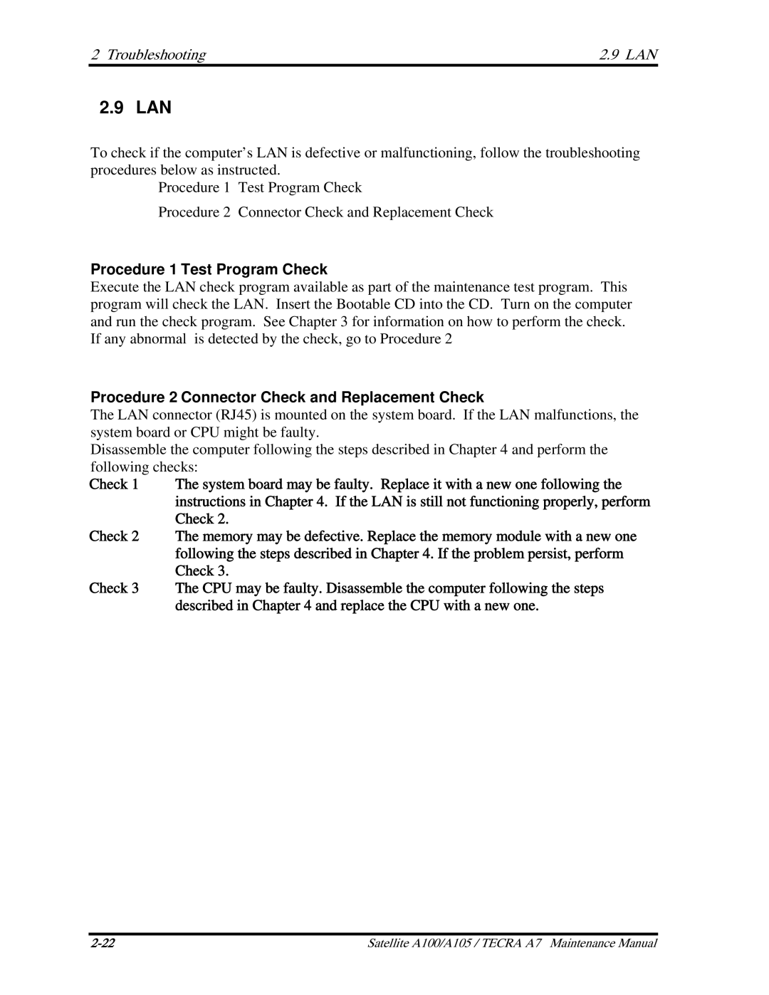 Toshiba PTA70, PTA71, PSAA9 manual Lan, Procedure 1 Test Program Check 