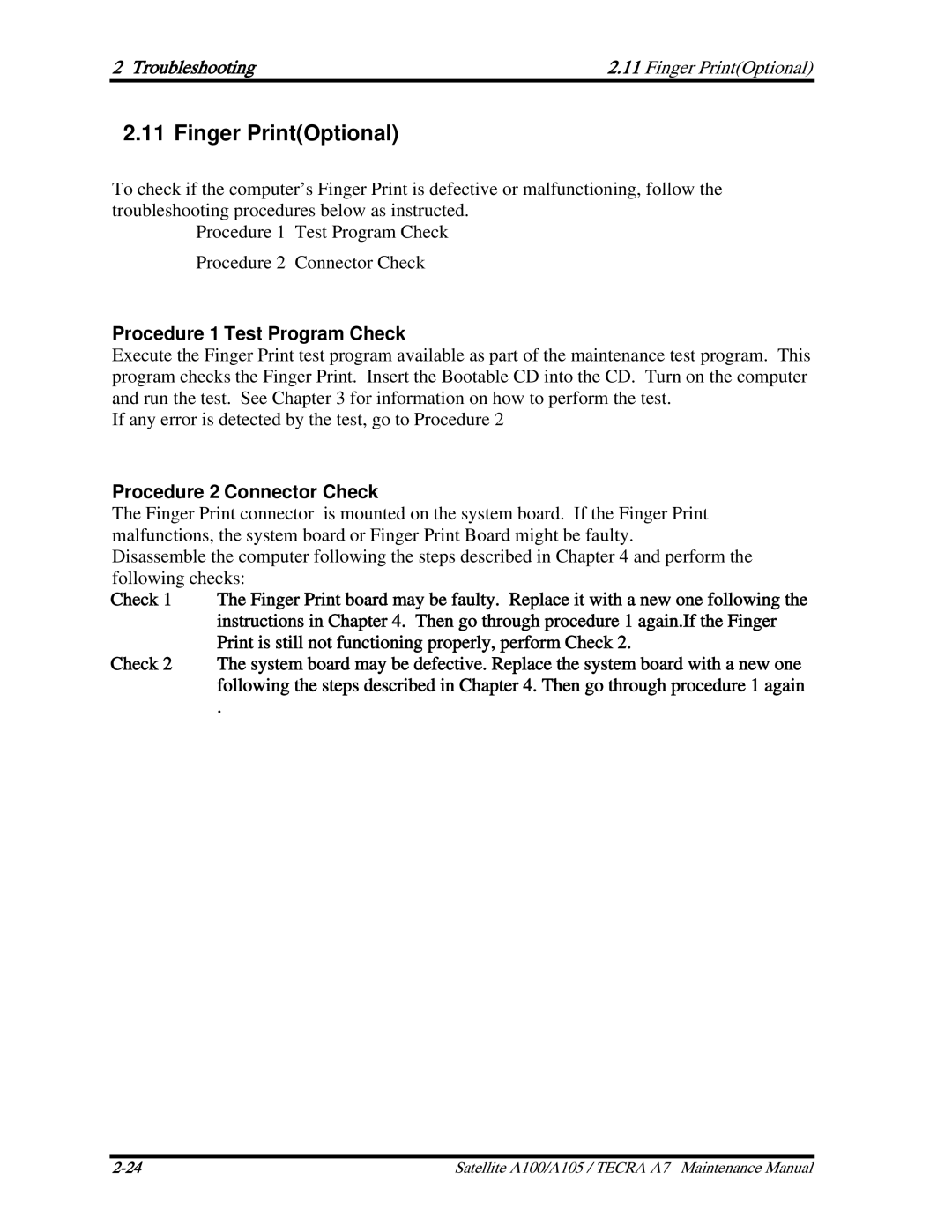 Toshiba PTA71, PTA70, PSAA9 manual Troubleshooting Finger PrintOptional 