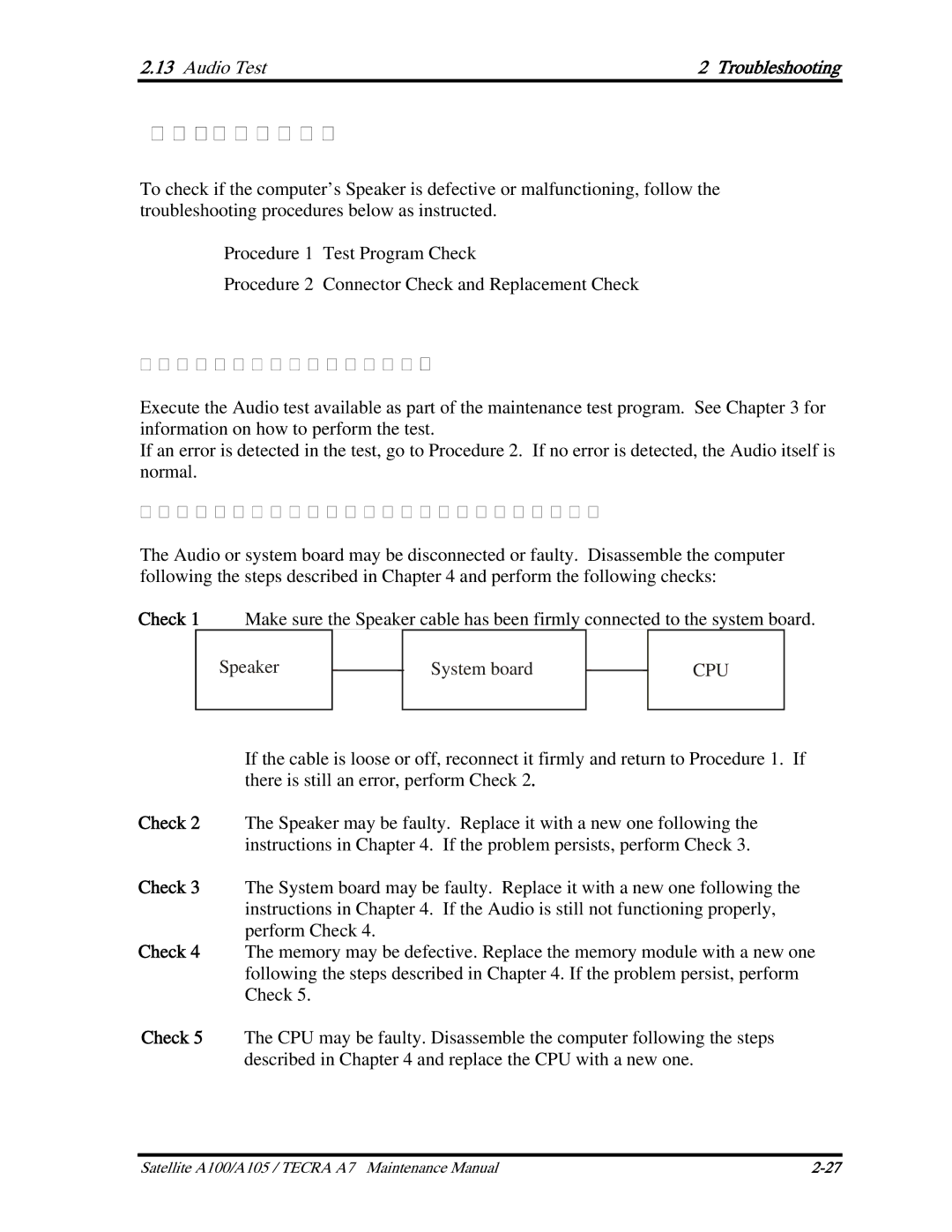 Toshiba PTA71, PTA70, PSAA9 manual Audio Test Troubleshooting 