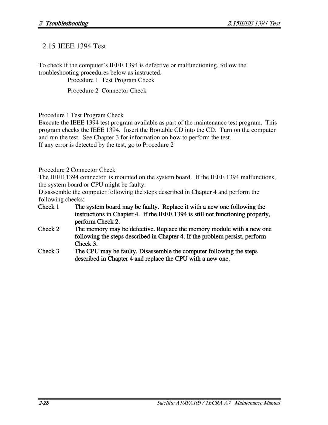 Toshiba PTA70, PTA71, PSAA9 manual Ieee 1394 Test, Troubleshooting 15IEEE 1394 Test 