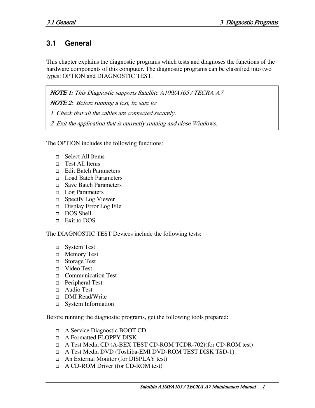 Toshiba PSAA9, PTA71, PTA70 manual General Diagnostic Programs 