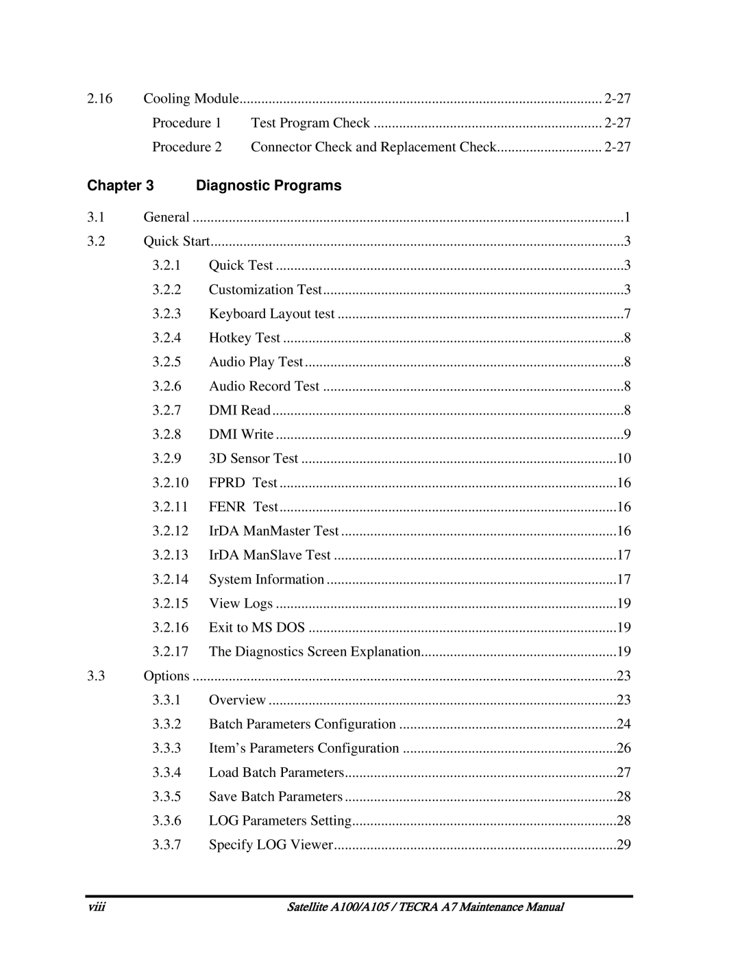 Toshiba PSAA9, PTA71, PTA70 manual Chapter Diagnostic Programs, General 