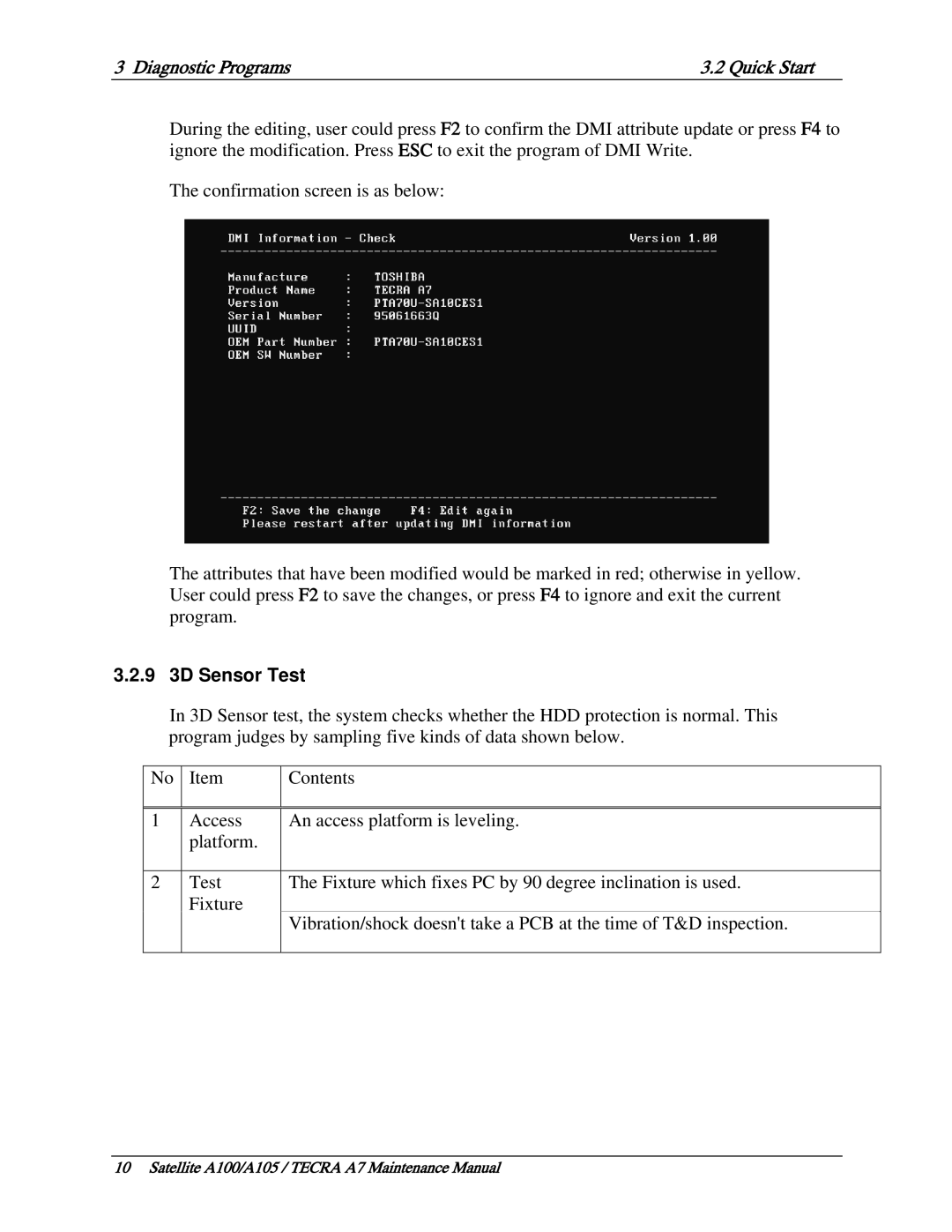 Toshiba PSAA9, PTA71, PTA70 manual 9 3D Sensor Test 