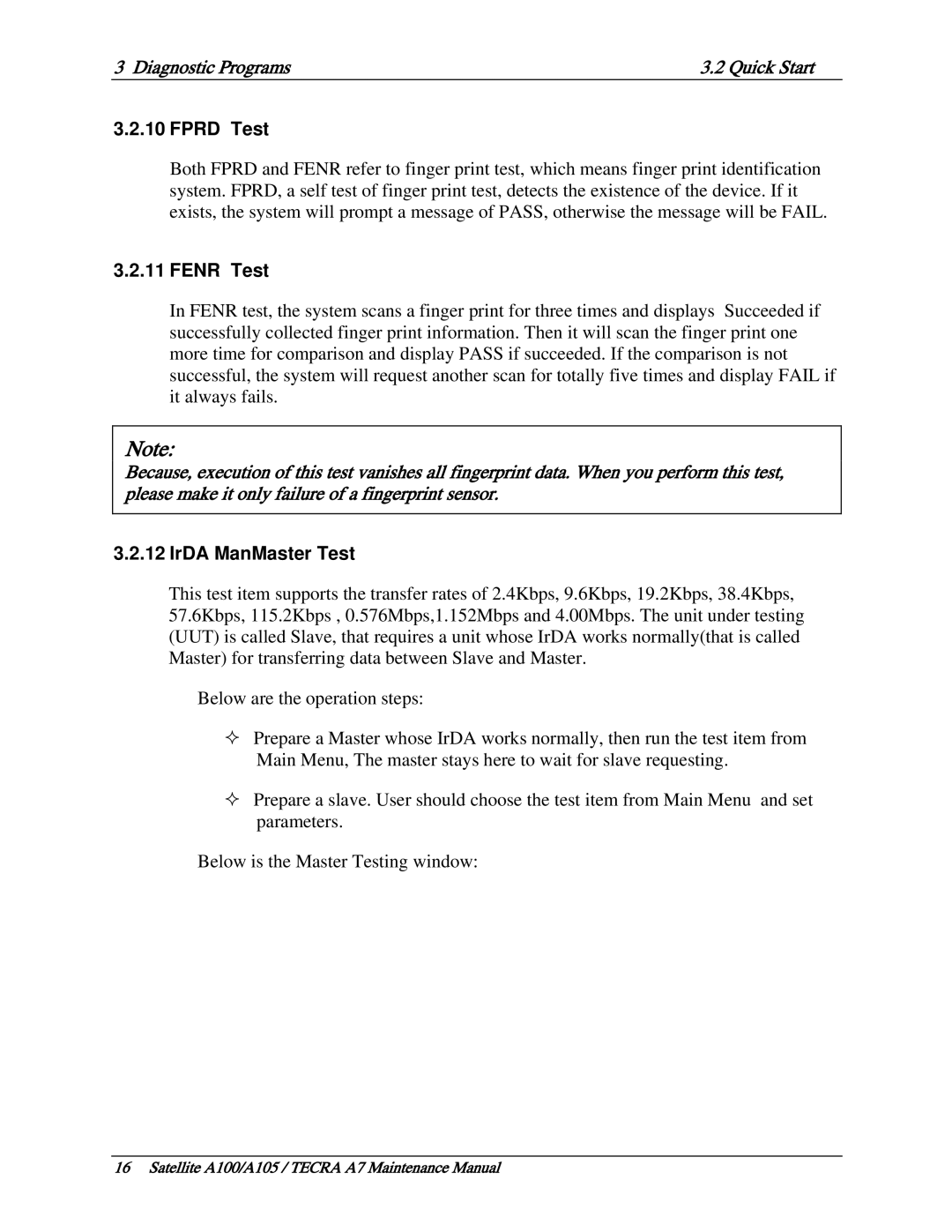 Toshiba PSAA9, PTA71, PTA70 manual Fprd Test, Fenr Test, IrDA ManMaster Test 