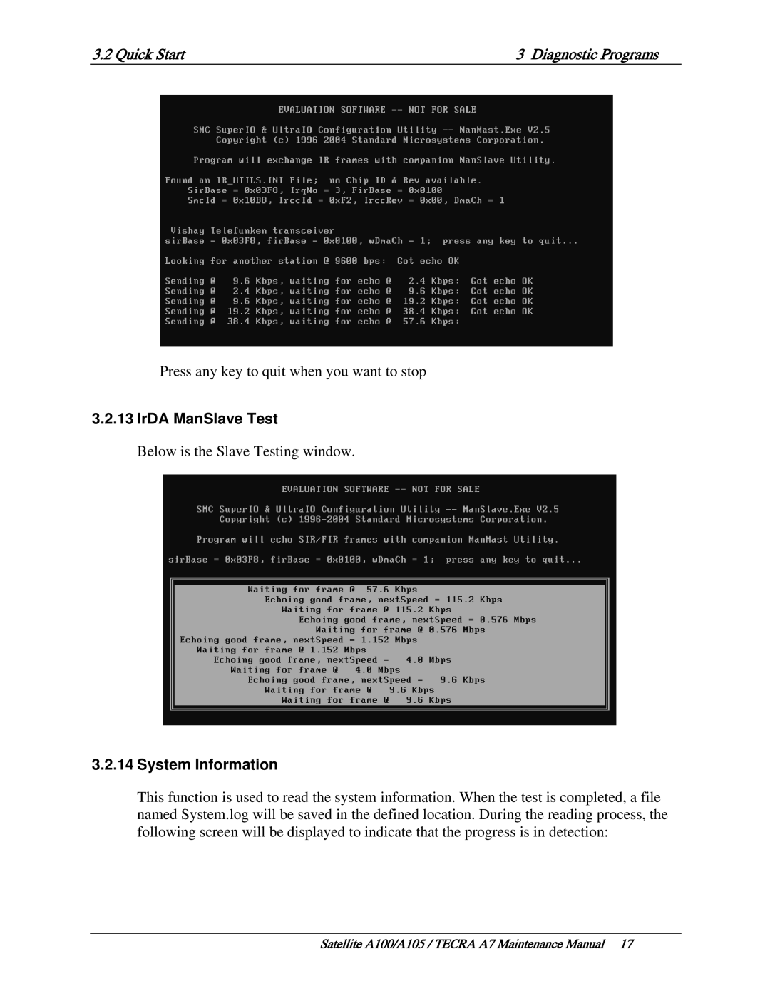 Toshiba PTA71, PTA70, PSAA9 manual IrDA ManSlave Test, System Information 