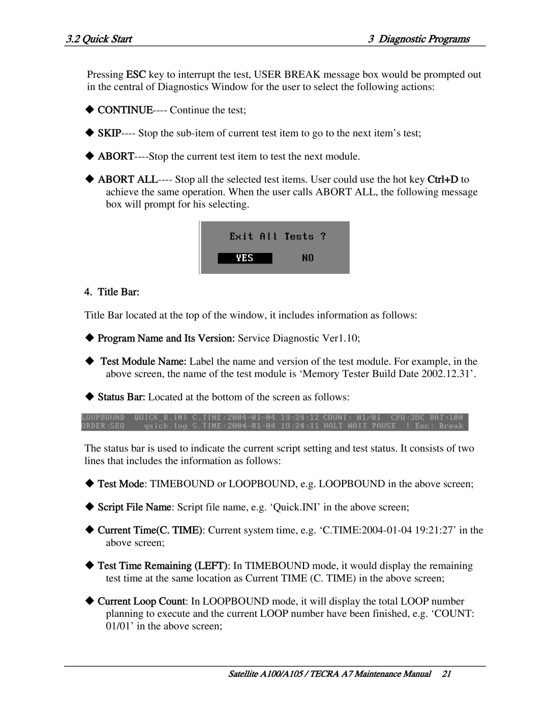 Toshiba PTA70, PTA71, PSAA9 manual Title Bar, ‹ Program Name and Its Version Service Diagnostic Ver1.10 