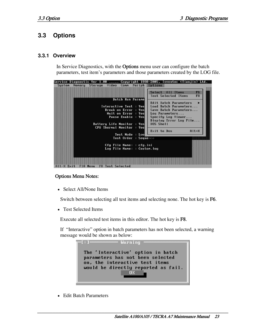 Toshiba PTA71, PTA70, PSAA9 manual Option Diagnostic Programs, Overview, Options Menu Notes 