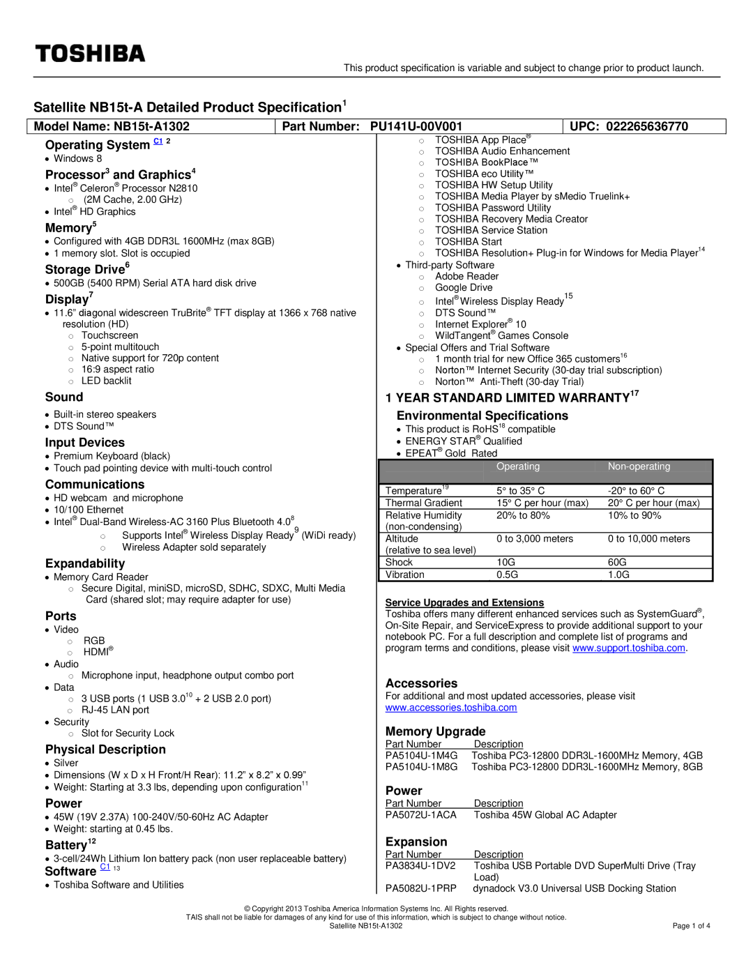 Toshiba PU141U00V001 warranty Processor3 and Graphics4, Memory5, Storage Drive6, Display7, Sound, Input Devices, Ports 