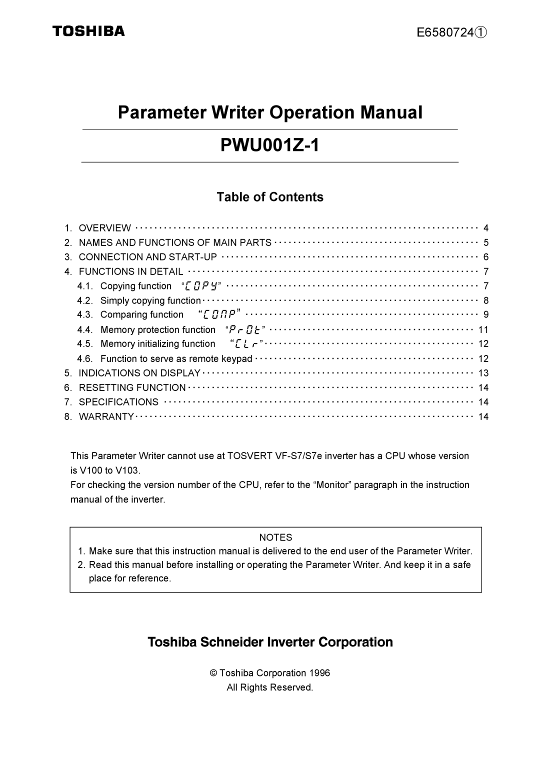 Toshiba PWU001Z-1 operation manual Table of Contents 