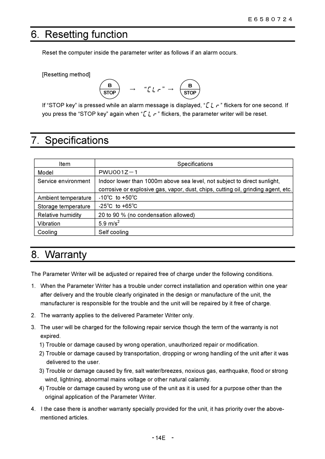 Toshiba PWU001Z-1 operation manual Resetting function, Specifications, Warranty 