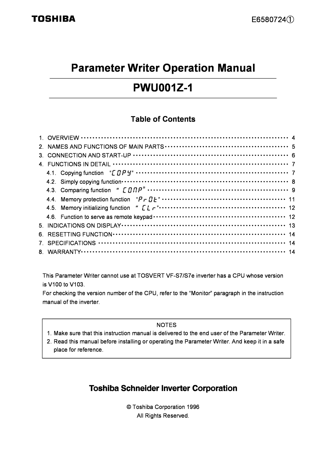 Toshiba operation manual E6580724①, Table of Contents, Parameter Writer Operation Manual PWU001Z-1 