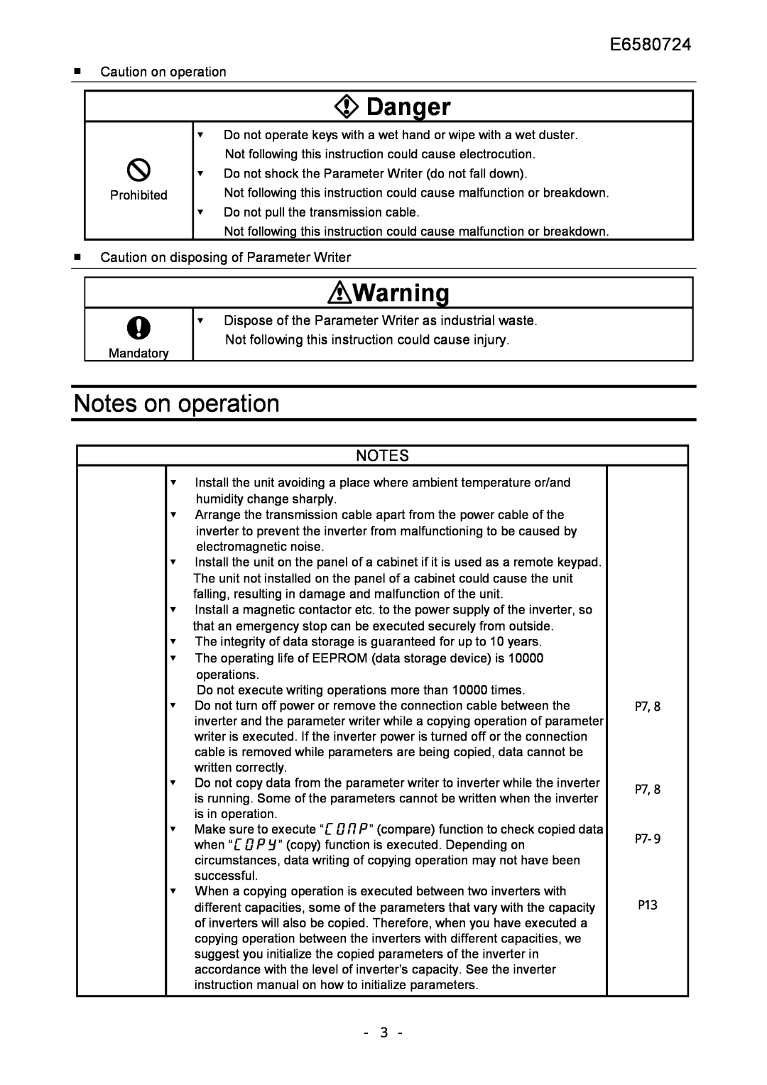 Toshiba PWU001Z-1 Notes on operation, Danger, E6580724, Caution on operation, Caution on disposing of Parameter Writer 