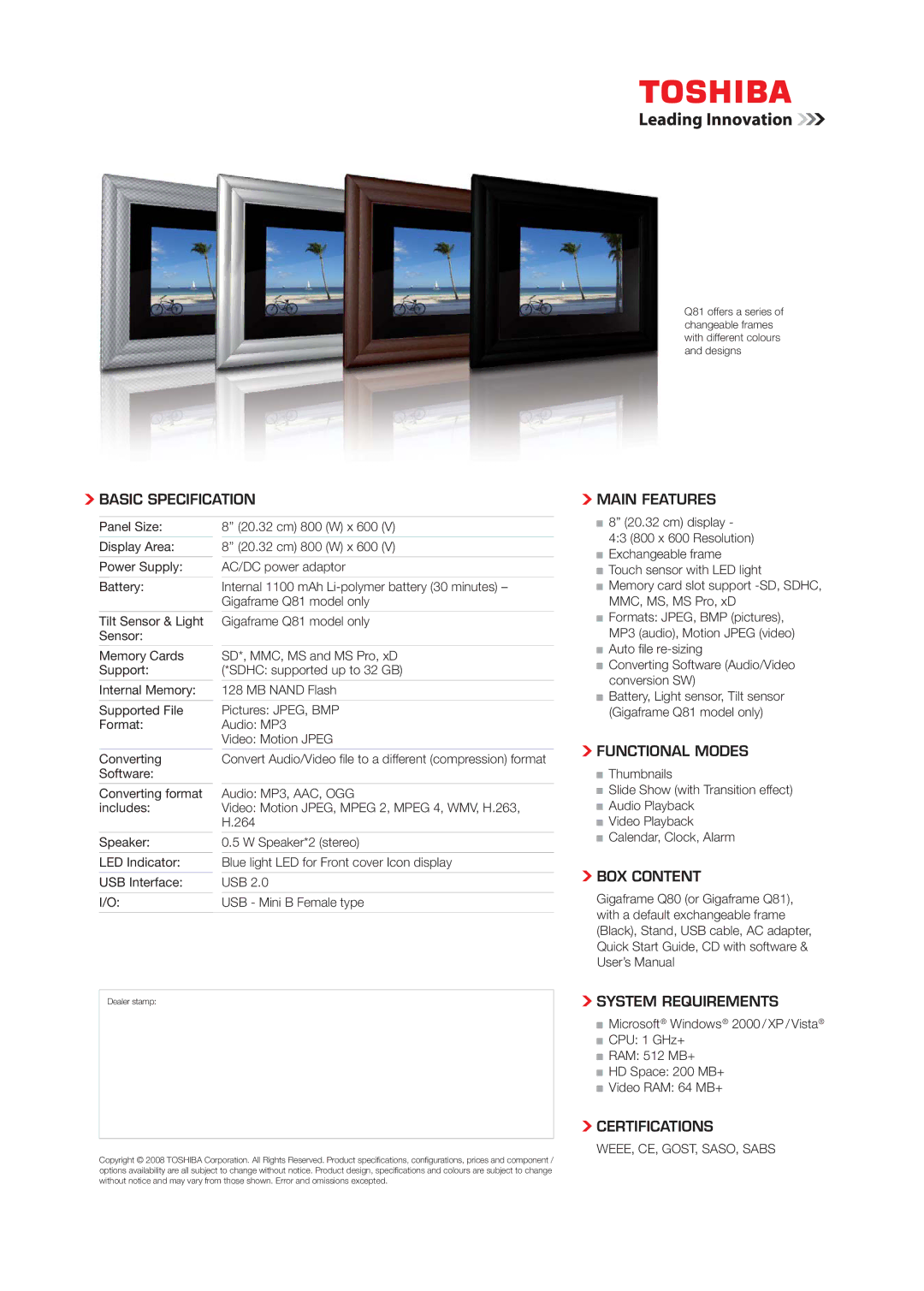 Toshiba Q81, Q80 Basic Specification, Main Features, Functional Modes, BOX Content, System Requirements, Certifications 