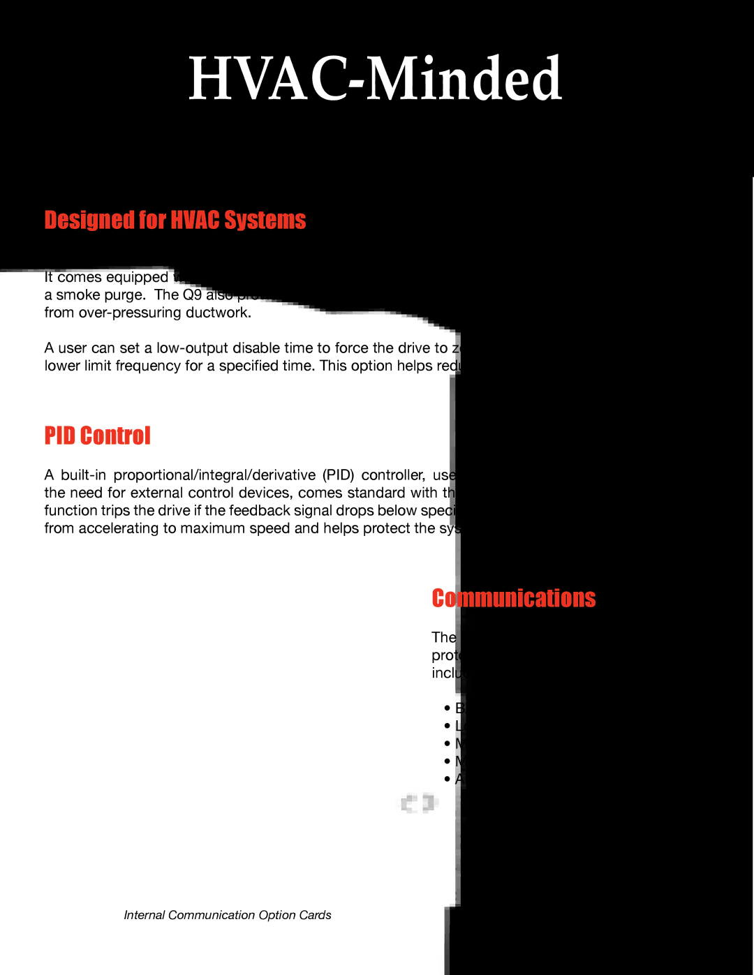 Toshiba Q9 Series manual Designed for Hvac Systems, PID Control, Communications 